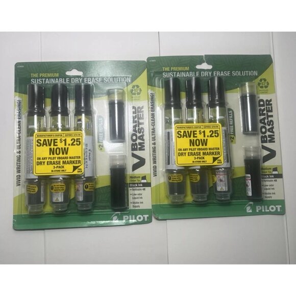 2x Pilot V Board Master Dry Eras Whiteboard Markers Black Pack of 3 / 2 Refills - Picture 1 of 2